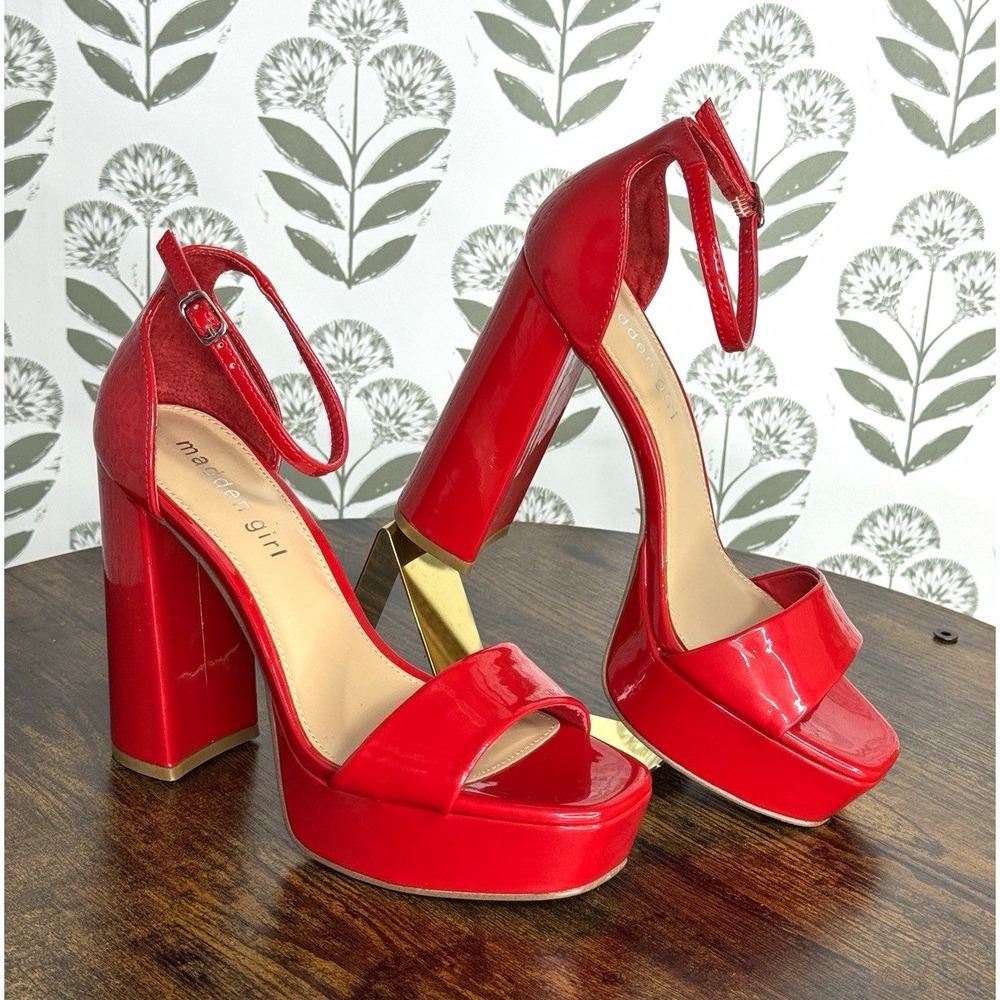 Madden Girl Omega Red Patent Platform Ankle Strap Buckle Open Toe Block Heel 7